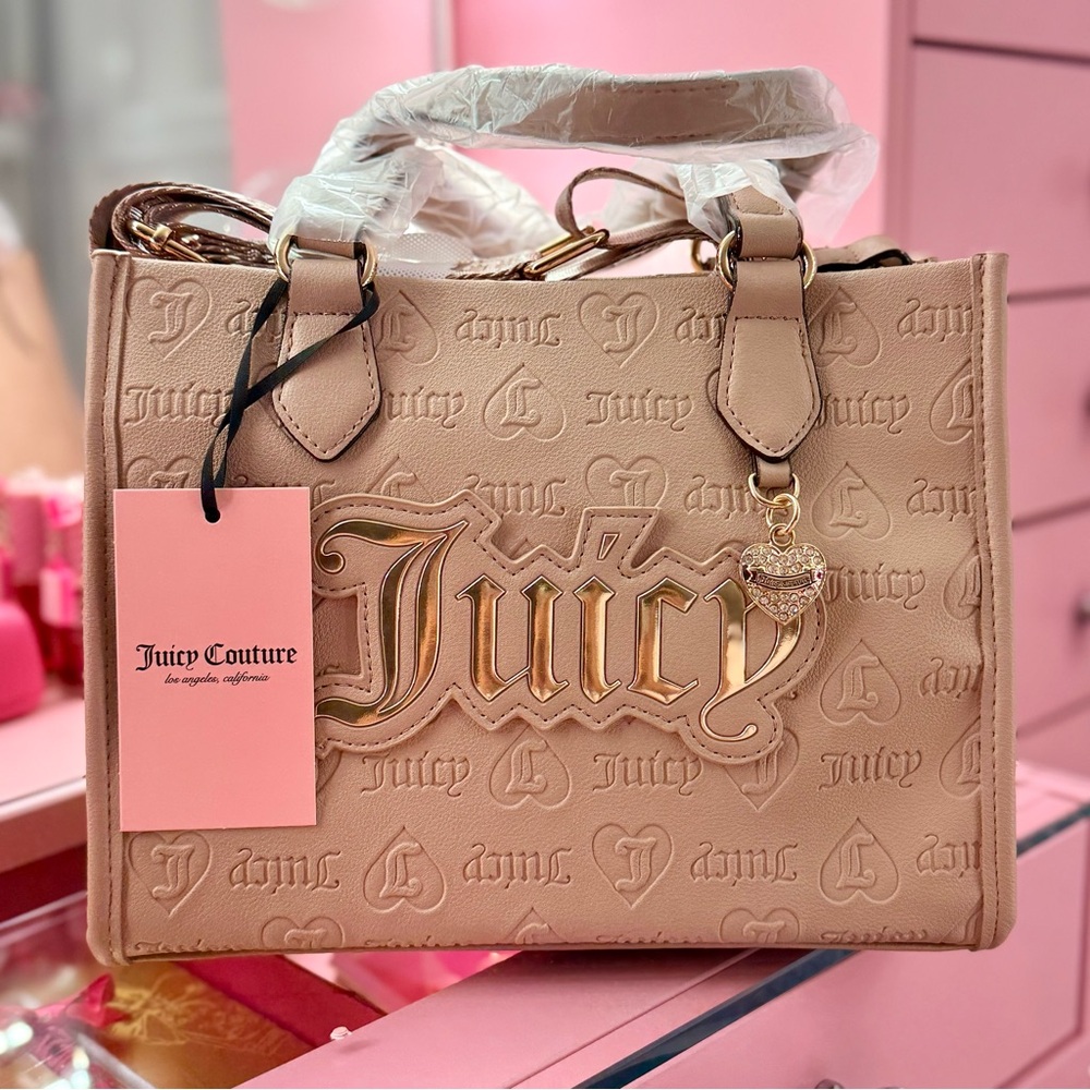 Juicy Couture Logo Mini Beige Cream Tote Web Strap Gold Heart Charm